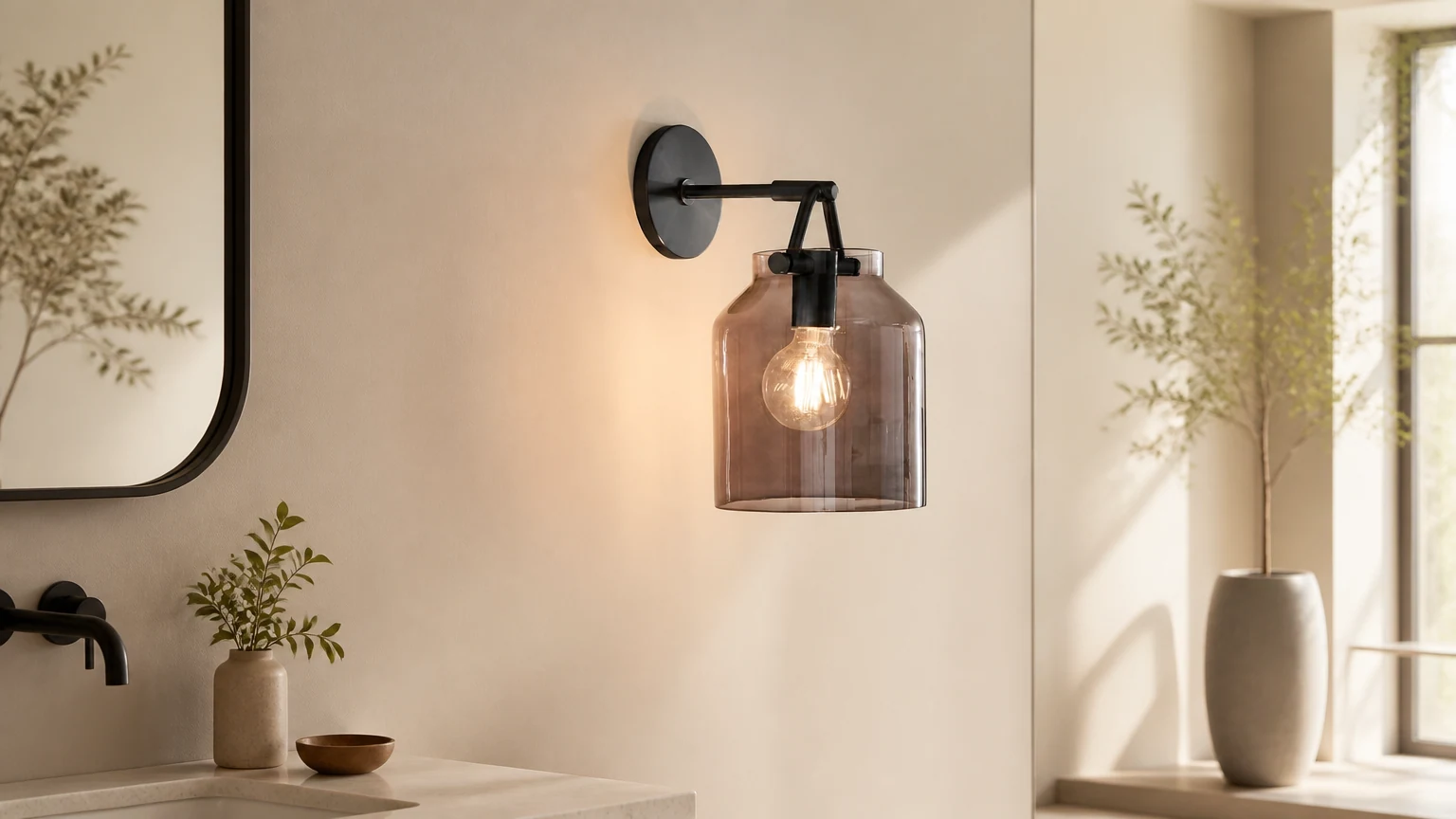 Aplique de pared Hanton de latón y cristal instalado en un ambiente cálido de baño.