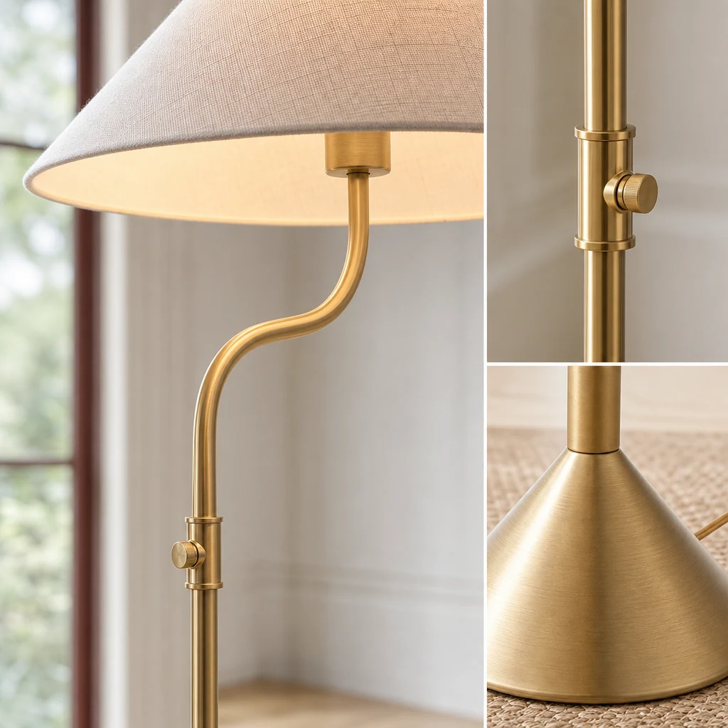 Detailaufnahme des Leinenschirms der Fibura-Stehlampe mit champagnerfarbener Bronzeoberfläche