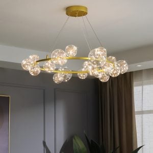 Starry Ball Chandelier installed above a living area