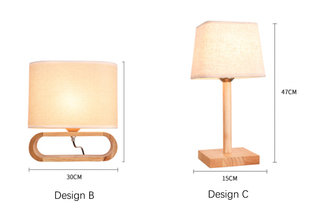 Minimalist Wooden Table Light Design B and Design C size diagram