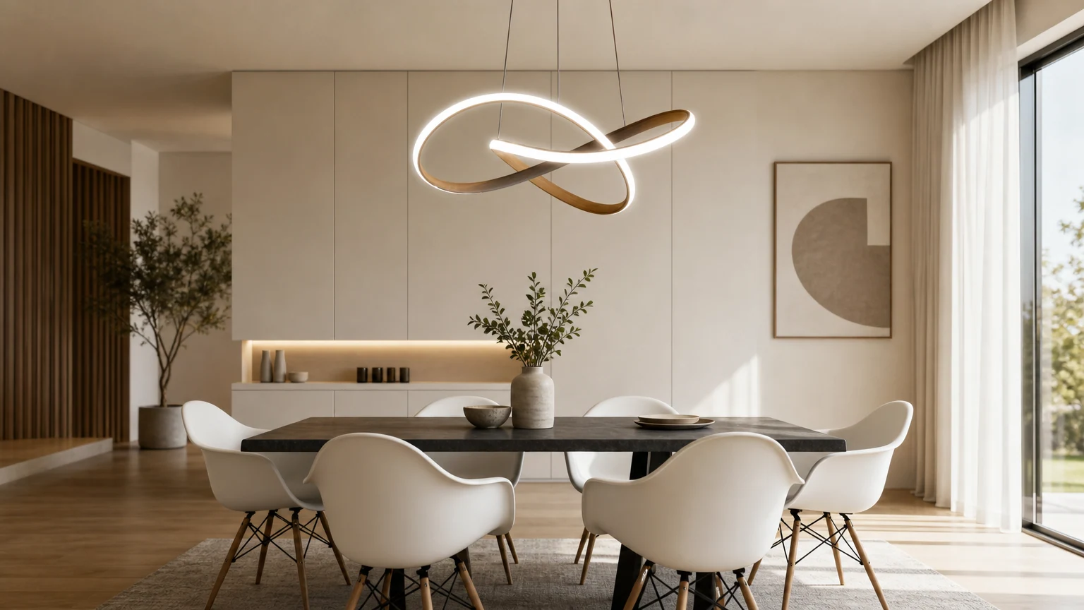 GRANDEUR Modern LED-pendellampa installerad ovanför ett matbord