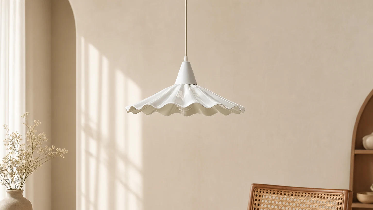 Die Pendelleuchte Ruffles P016 in einem sanft gestalteten Interieur