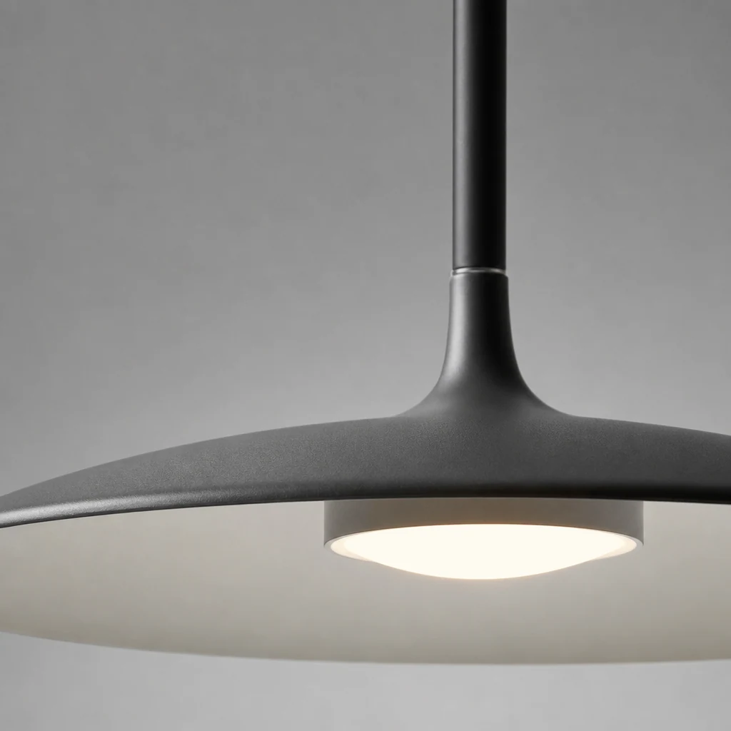 Close-up detail of the cone pendant finish and shade construction