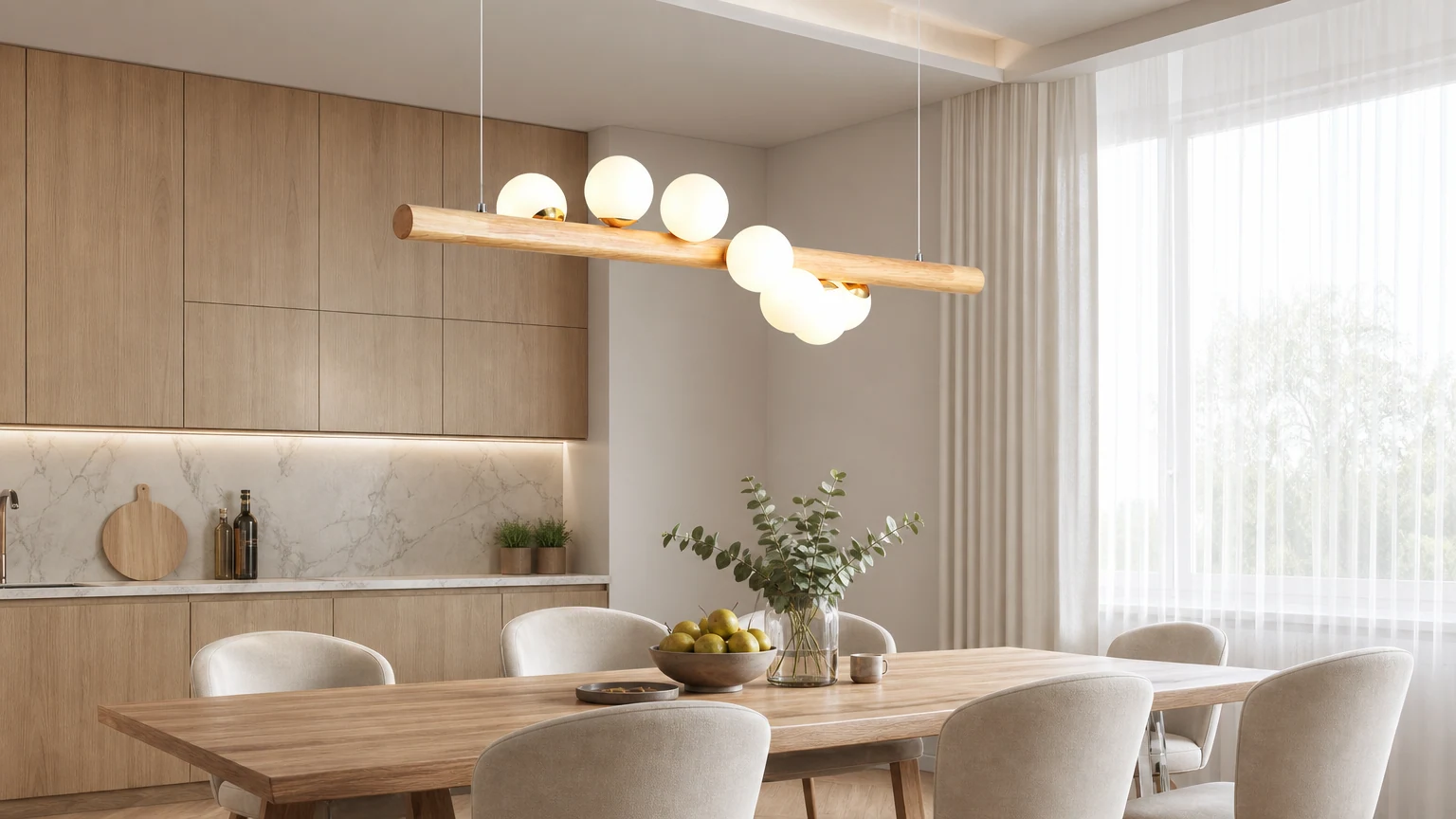 Lampa wisząca Dot Line zainstalowana nad stołem w jadalni