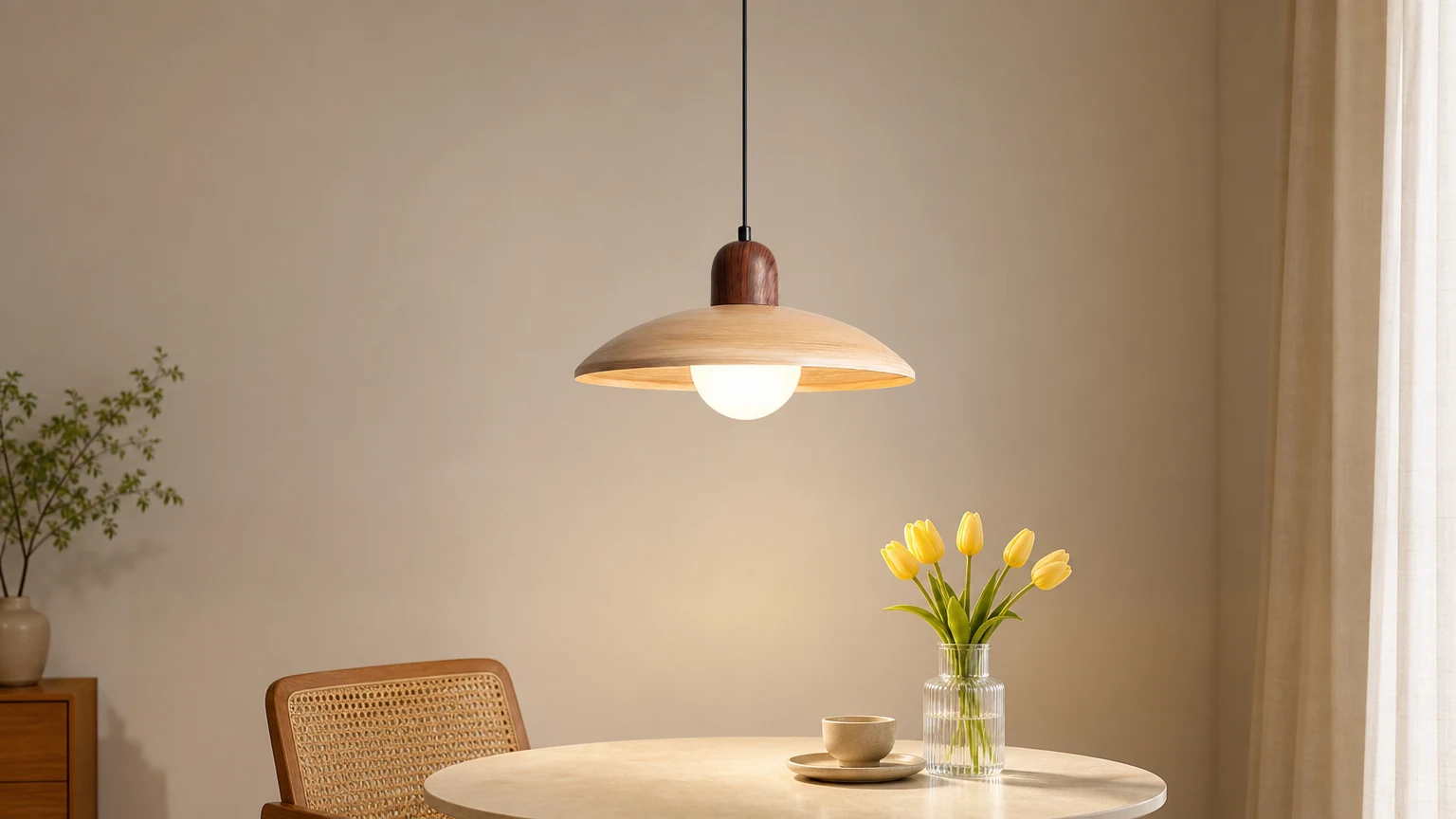 Wide scene of the round table pendant lamp in a warm interior