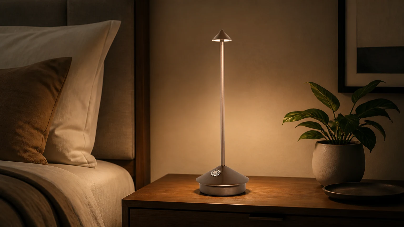 Ładowalna lampa stołowa LED Pina w szerokiej scenie pomieszczenia