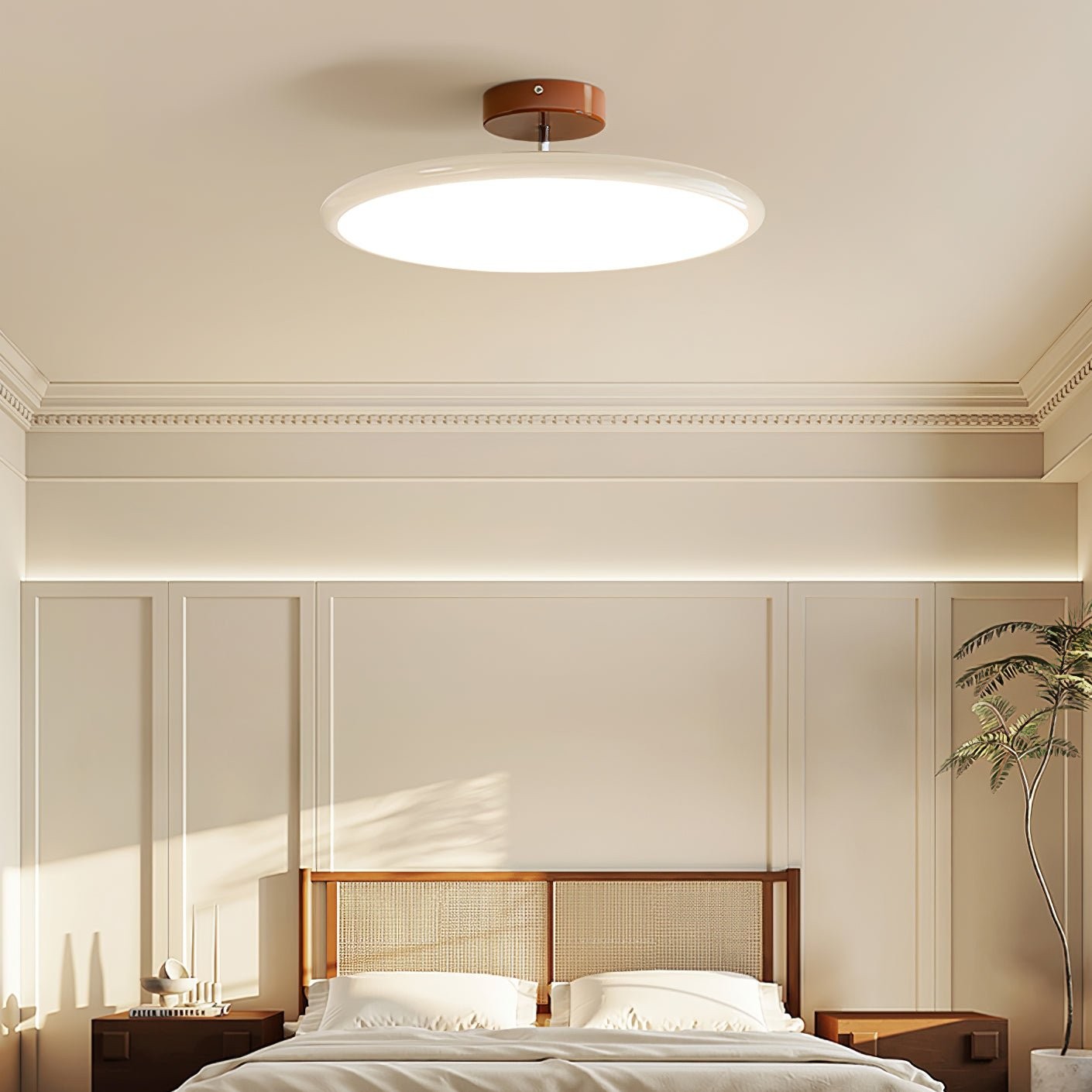 Lámpara de techo moderna con disco ajustable M367 en una escena de dormitorio.