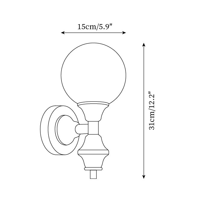 Plano dimensional de la lámpara de pared de estilo francés M288, de 15 cm de ancho y 31 cm de alto.