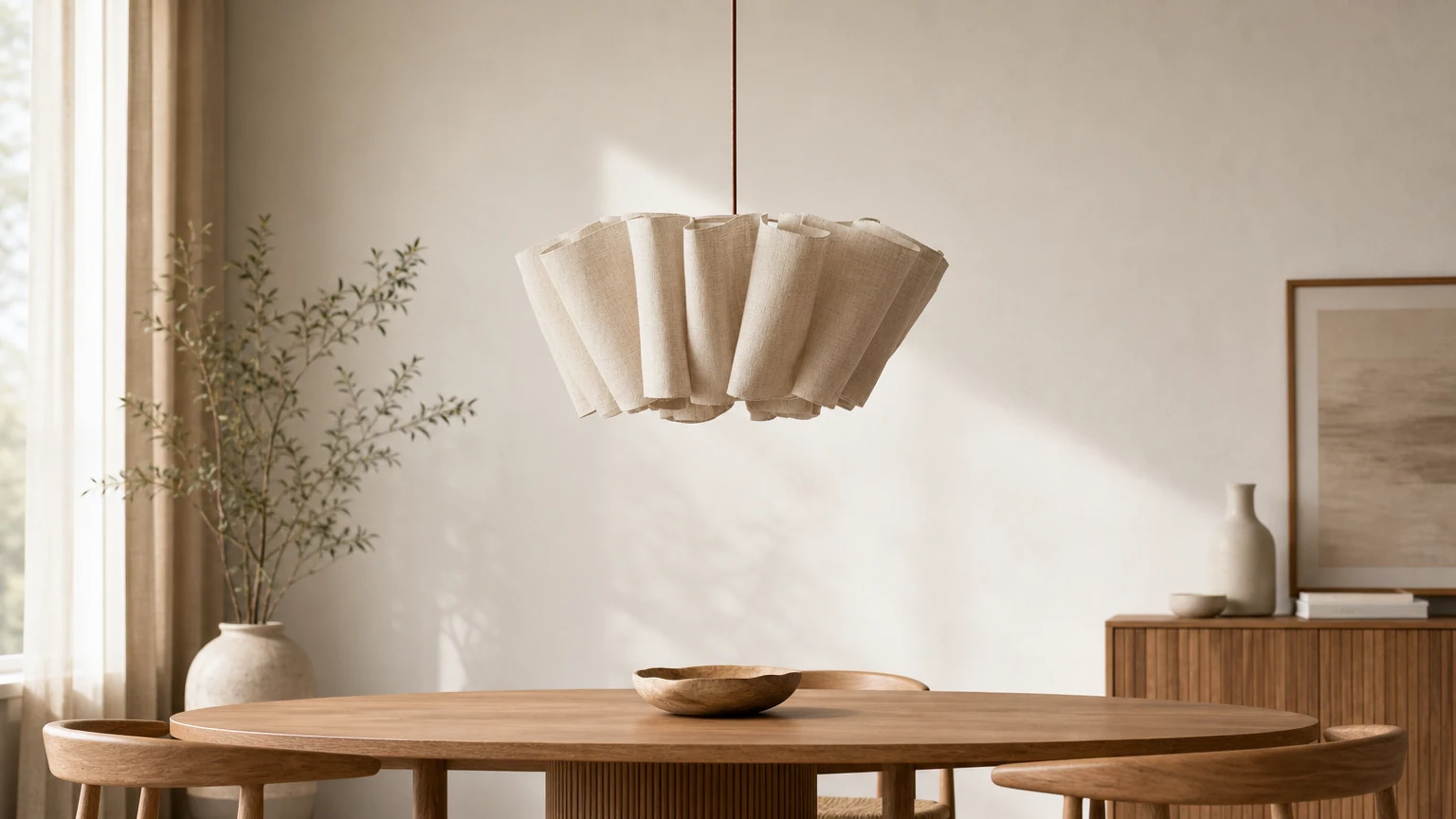 Lámpara colgante escandinava de tela plisada en un ambiente cálido de comedor.