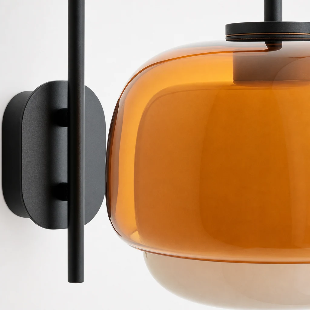 Close detail of Clinco layered colored glass shade and black wall fitting