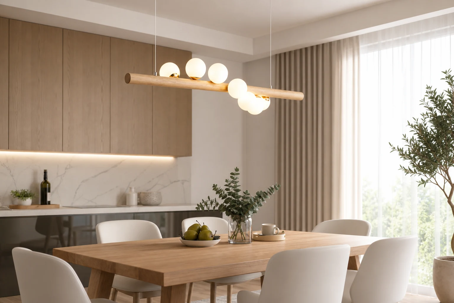 Scena stylu życia lampy wiszącej Dot Line z widoczną pełną lampą