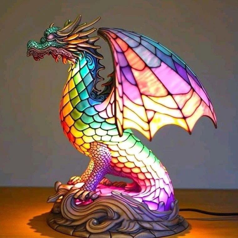 Lampe de table en résine en forme de dragon éclairée sur un fond gris intérieur
