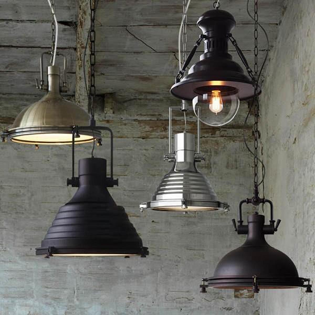 Industrial room scene with multiple metal pendant lights