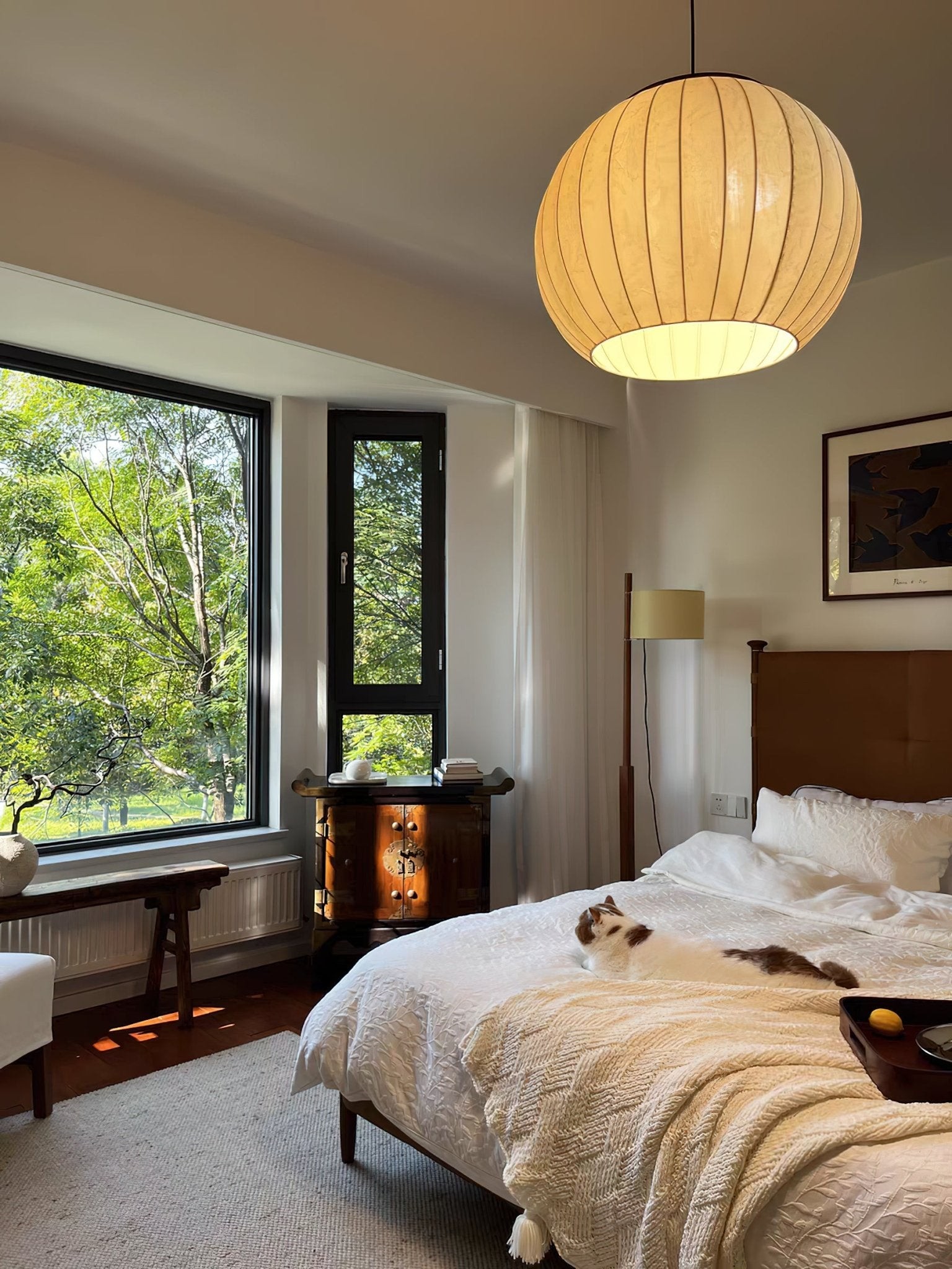 Japanese fabric pendant lamp in a bedroom scene