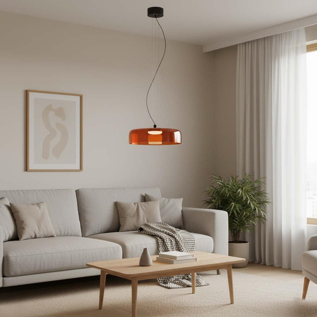 Wisiorek ze szkła pomarańczowego zainstalowany w scenie w salonie