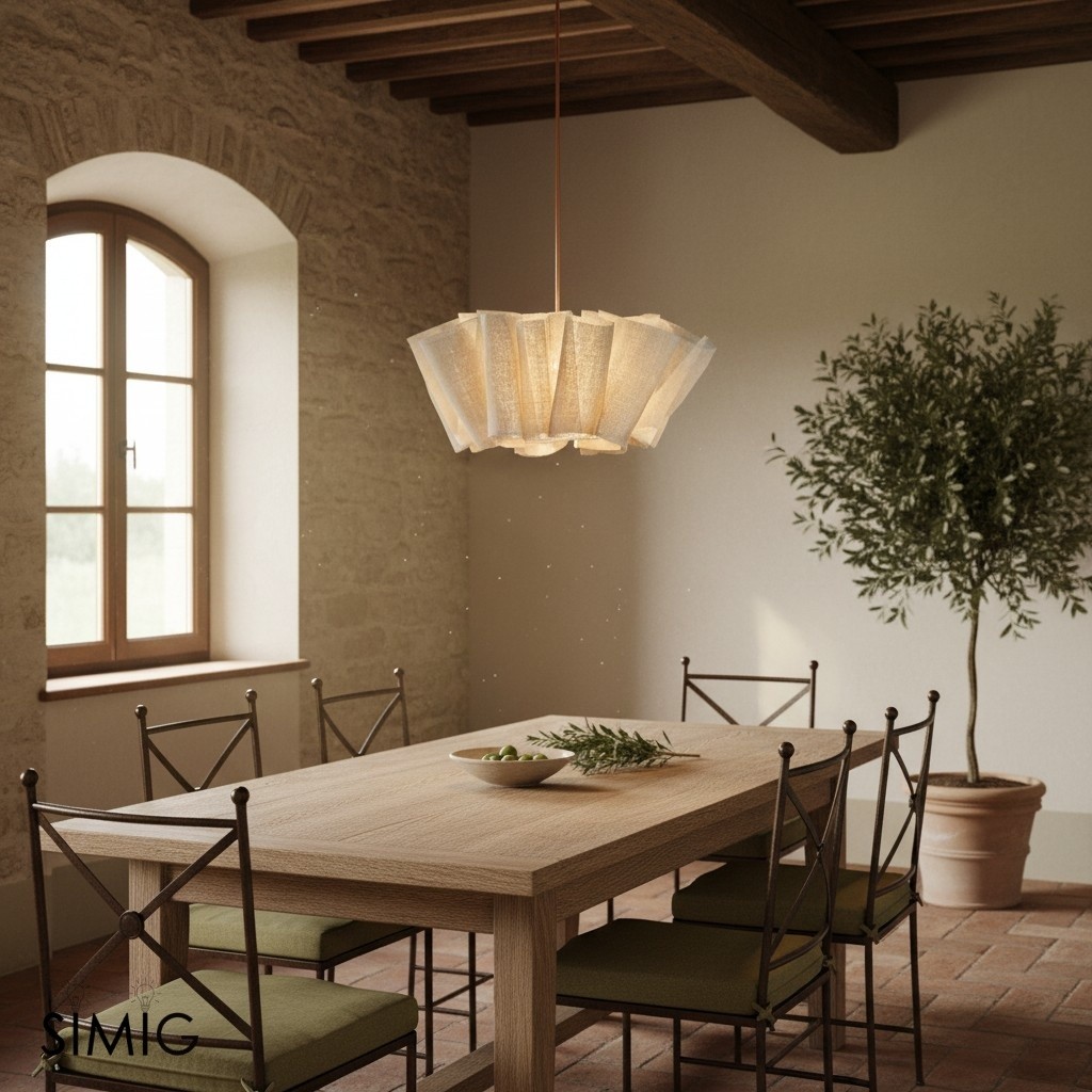 Comedor con lámpara colgante de tela plisada