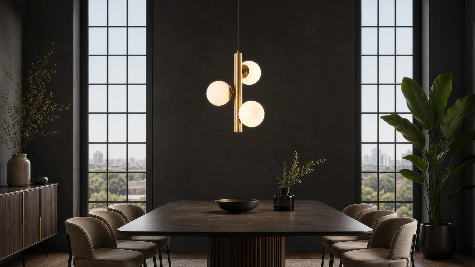 Lámpara colgante de tres bolas de cristal instalada sobre una mesa de comedor.