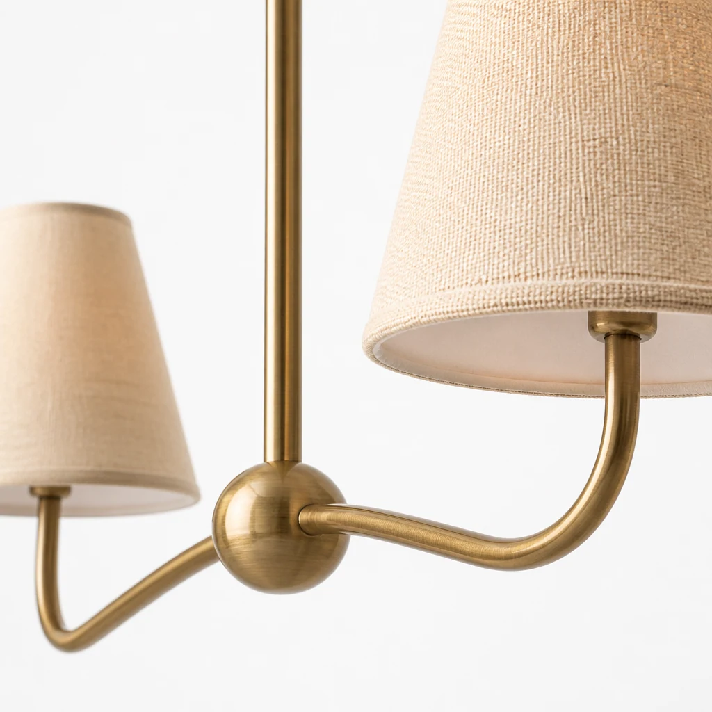 Close-up detail of champagne bronze metal and linen shade texture