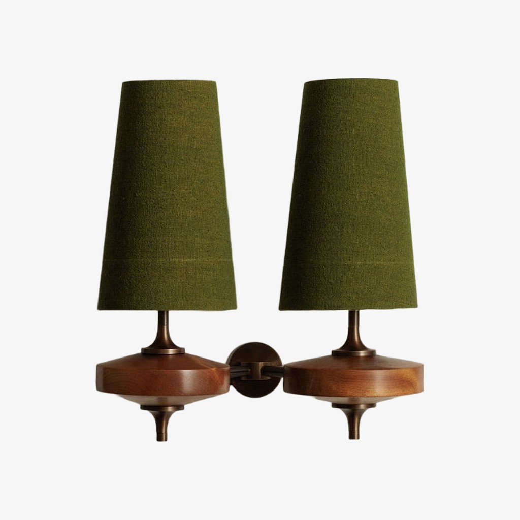 Double-head Chrona Rho wall lamp with green fabric shades