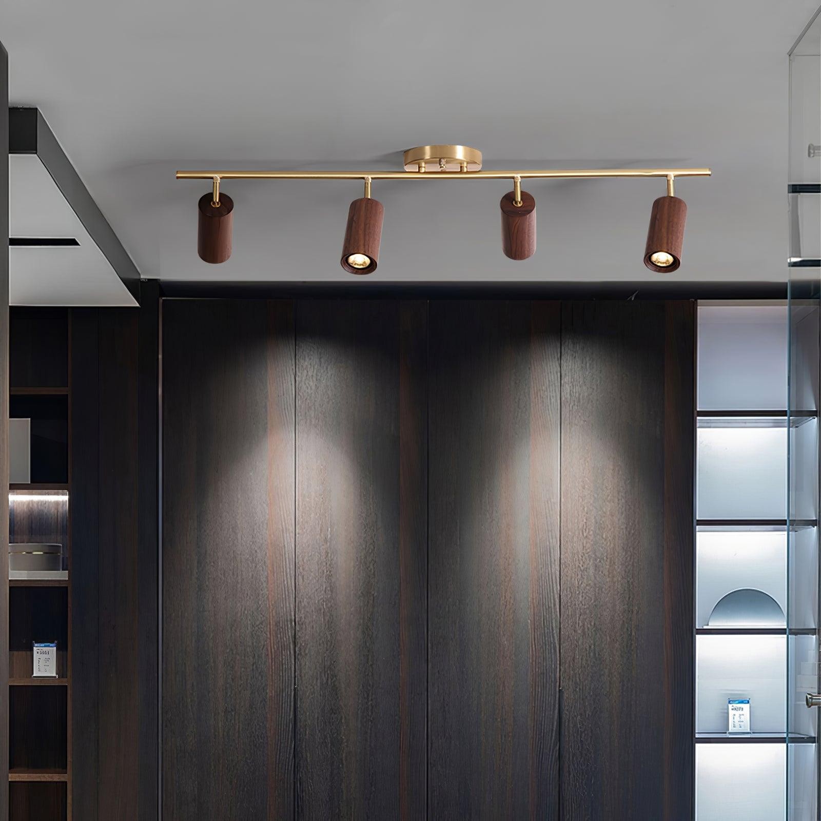 Four-head track light installed in a darker cabinet room