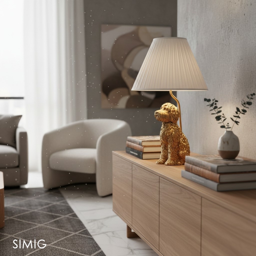 Pawdia lamp on a console with books