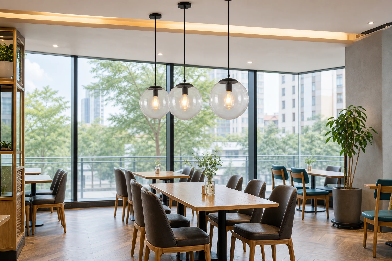 Lampadario a sospensione con sfera di vetro, mostrato in una scena di interni lifestyle.