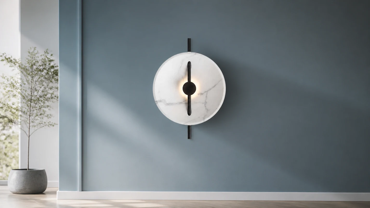 Kinkiet z żywicy Nordic Round D771 zainstalowany w spokojnym wnętrzu