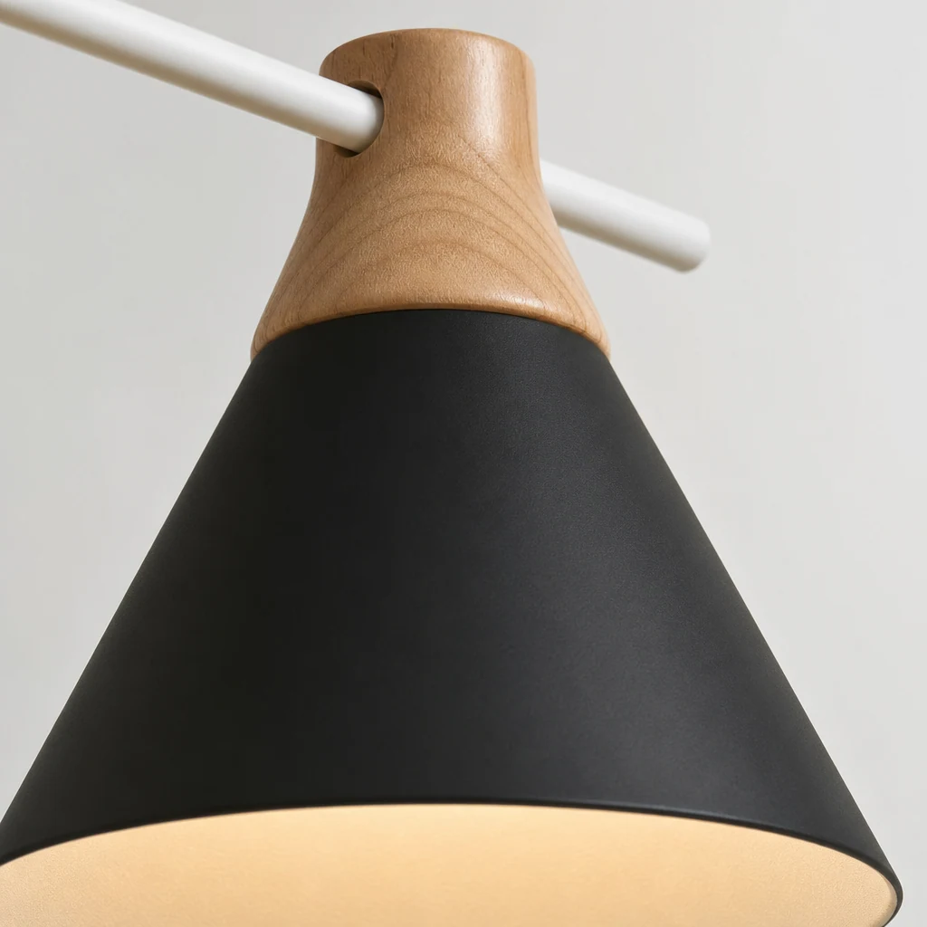 Close-up detail of the GRENNER Pole Pendant Light shade and wood accent