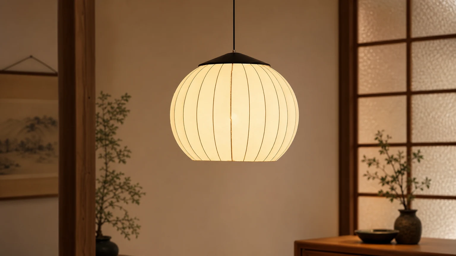 Horizontal room scene with the Japanese fabric lantern pendant lamp