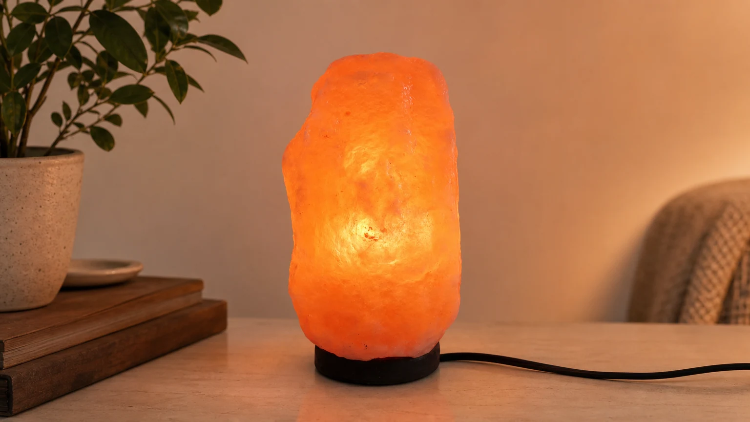 Lampada da tavolo di sale dell'Himalaya che brilla su un piano caldo