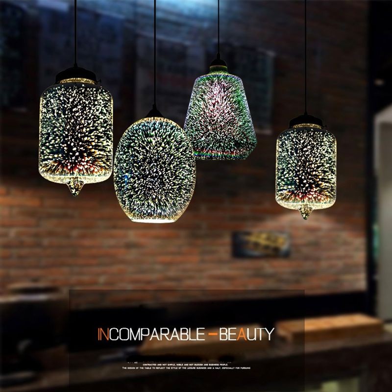 Multiple colorful pendant lamps in a dark lifestyle interior