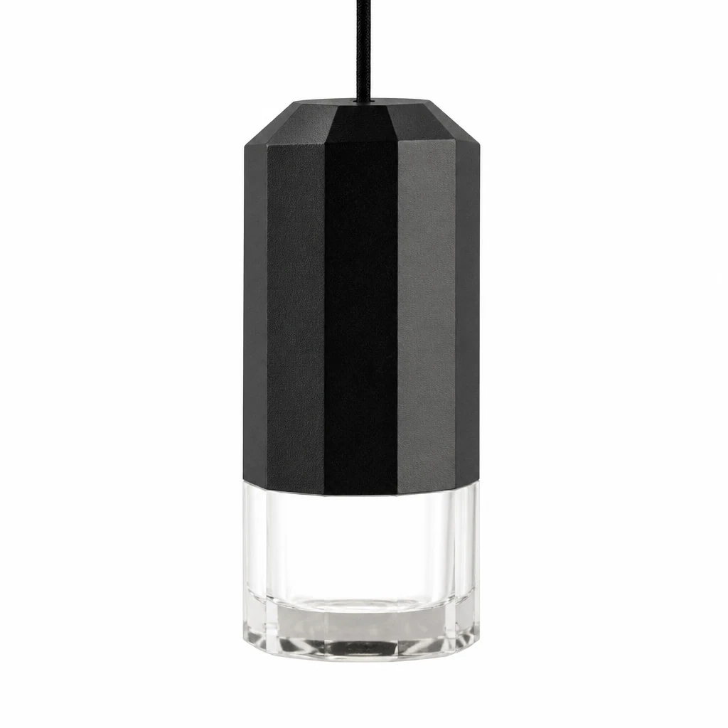 Zbliżenie na czarny materiał lampy wiszącej Wireflow i głowicę LED
