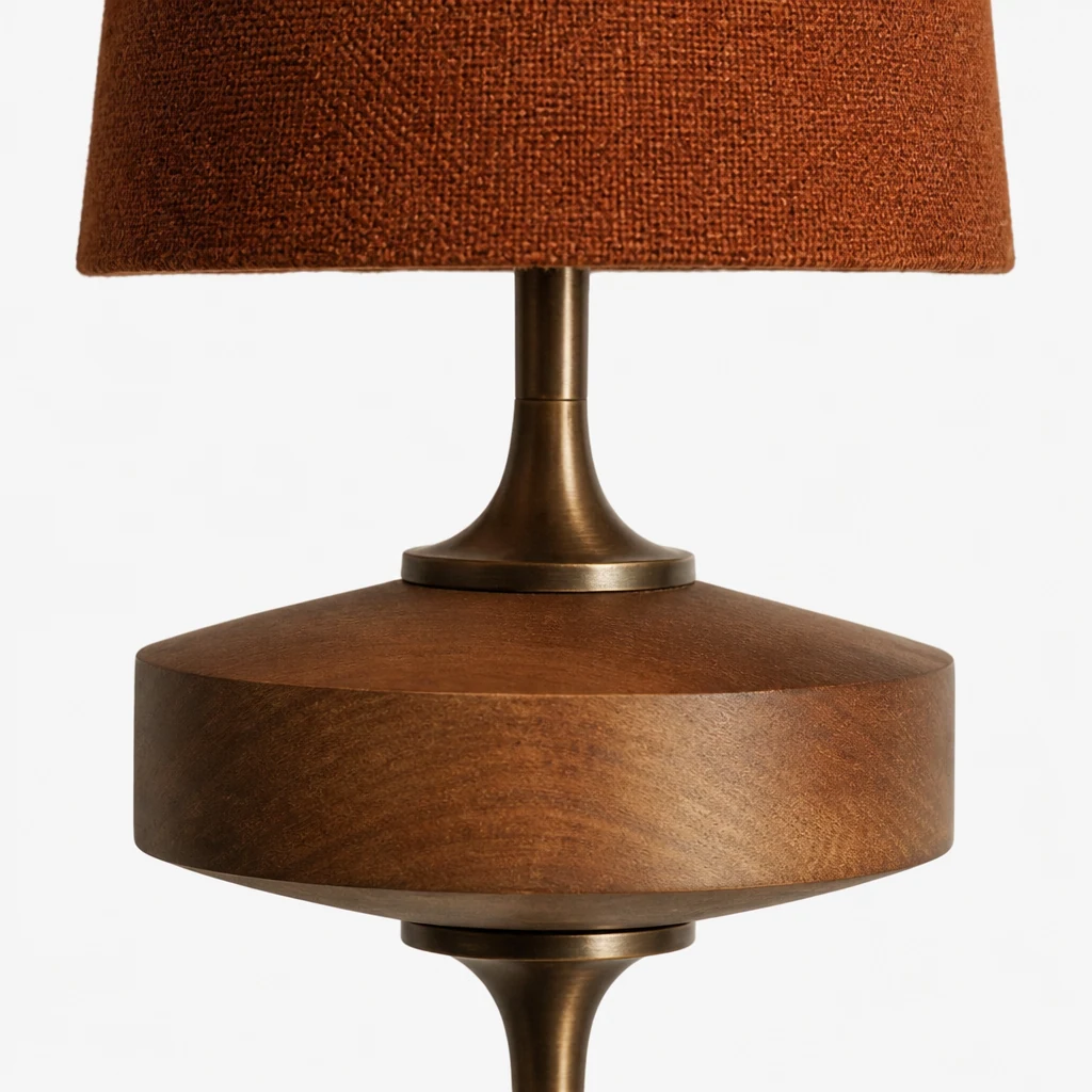 Close-up detail of Chrona Rho fabric shade and sculpted wall lamp finish