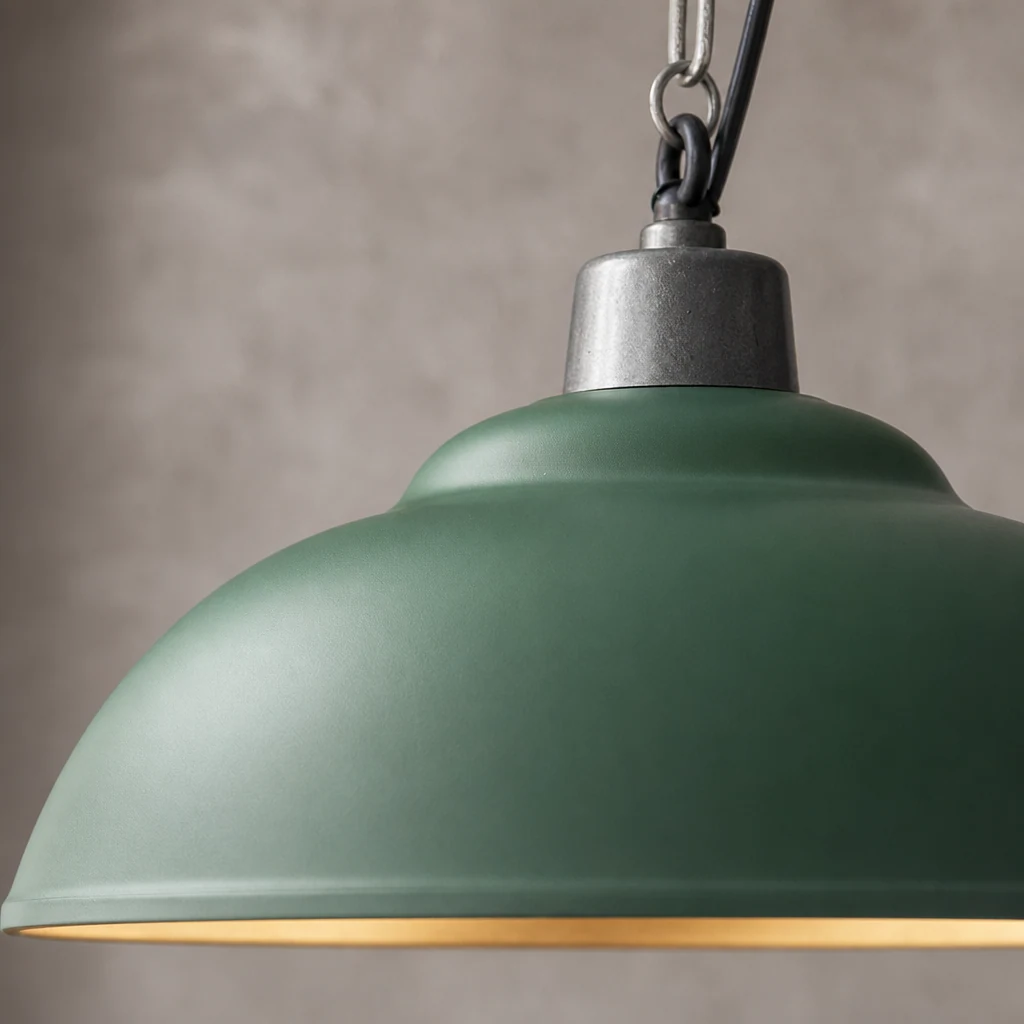 Nahaufnahme der GREDD Industrial Pendelleuchte mit grüner Metalloberfläche und Kettendetails