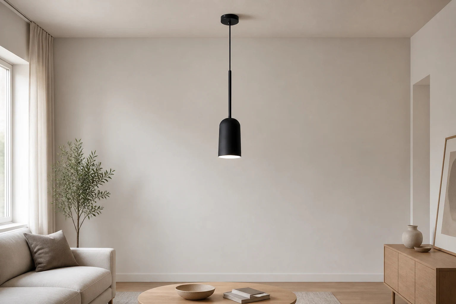 Lampada a sospensione minimalista a forma di macaron in un contesto di vita quotidiana.