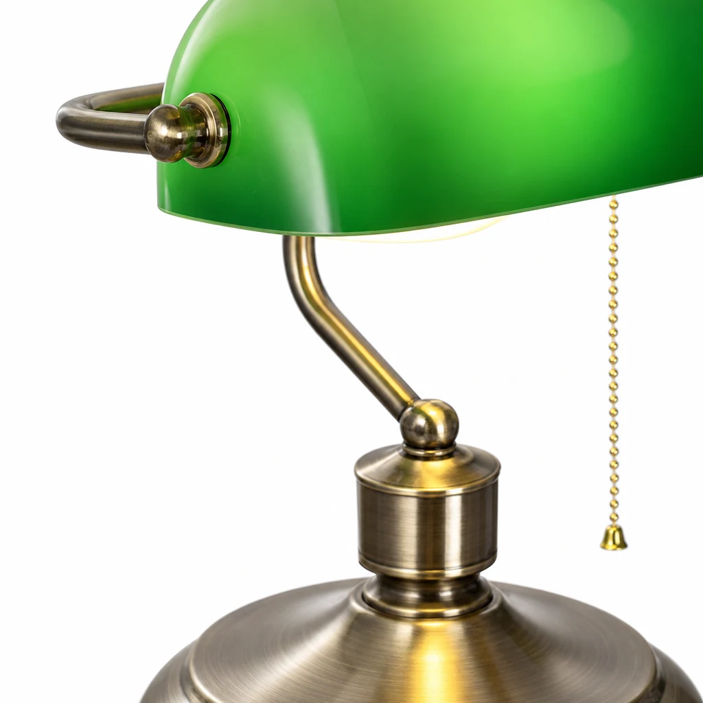 Close-up of the banker lamp glass shade and metal construction details