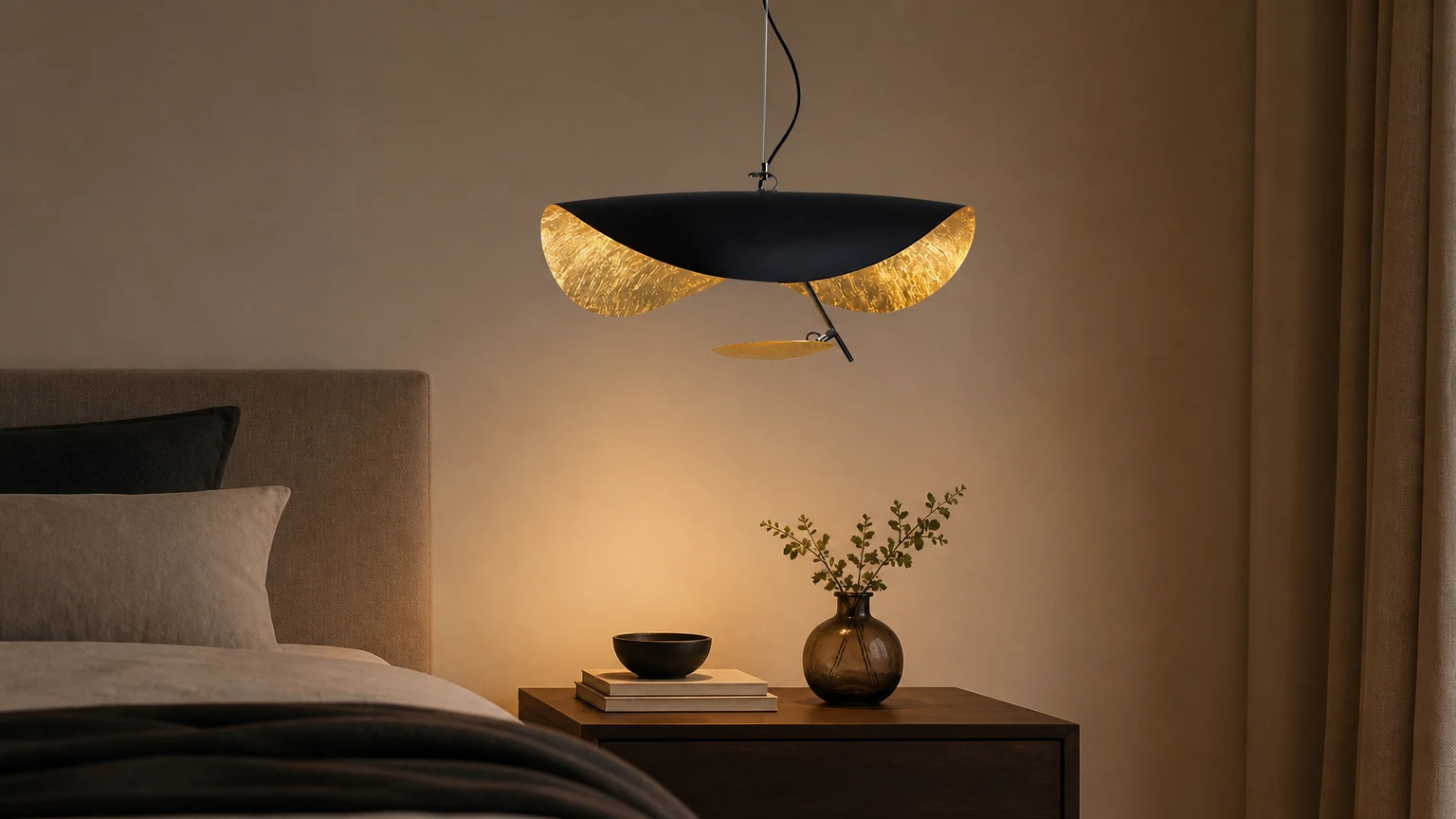 Moderne, gebogene LED-Pendelleuchte aus Metall in einem eleganten Raum installiert
