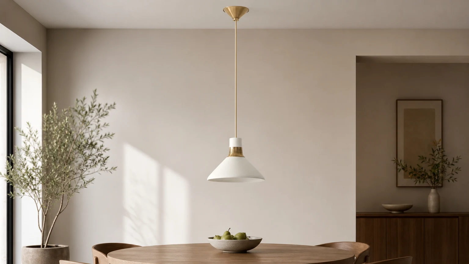 Lámpara colgante de porcelana color marfil Calvor con detalles en bronce champán en una habitación moderna.