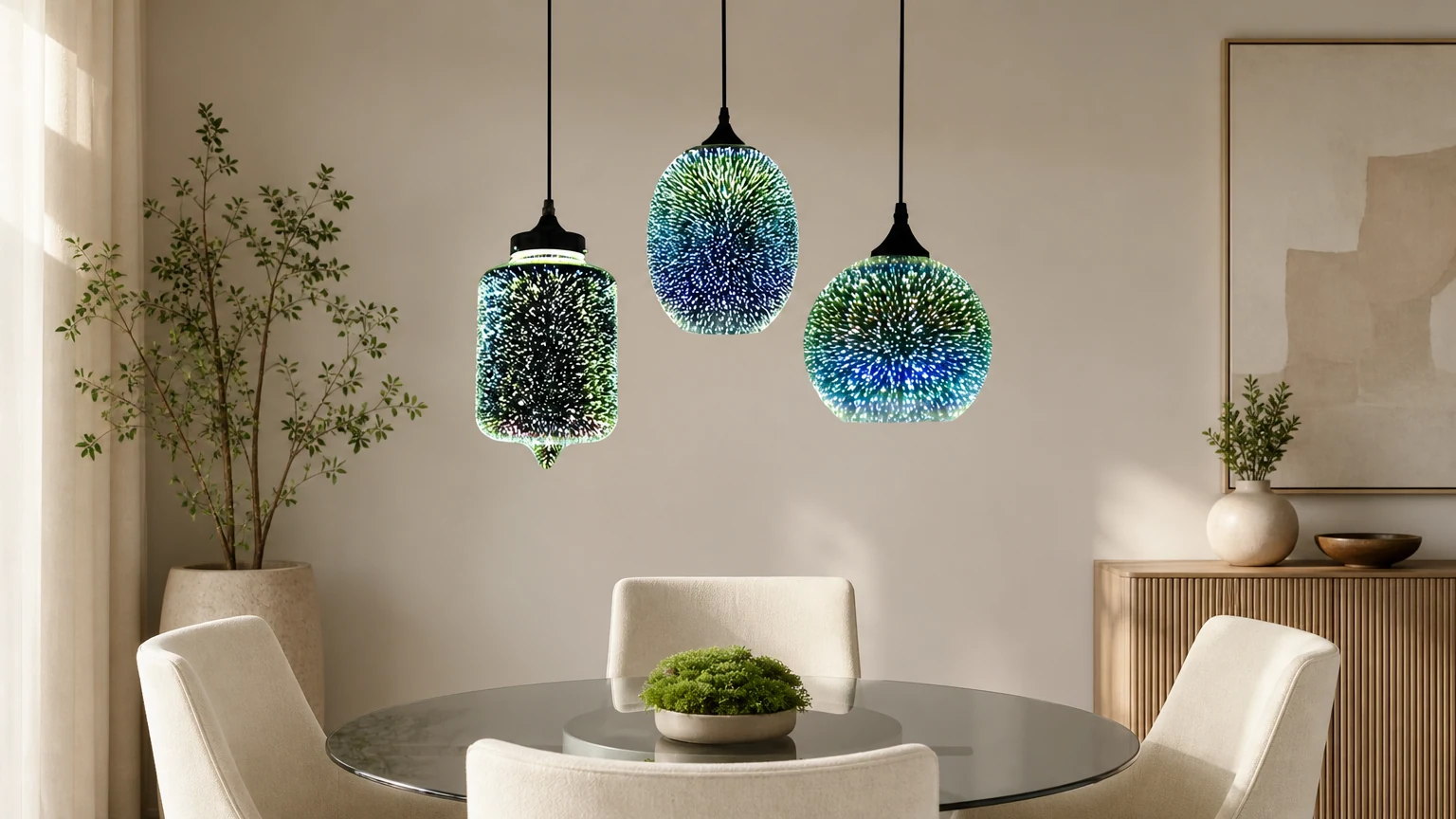 Modern 3D Colorful Nordic Pendant Lamp in a horizontal room scene
