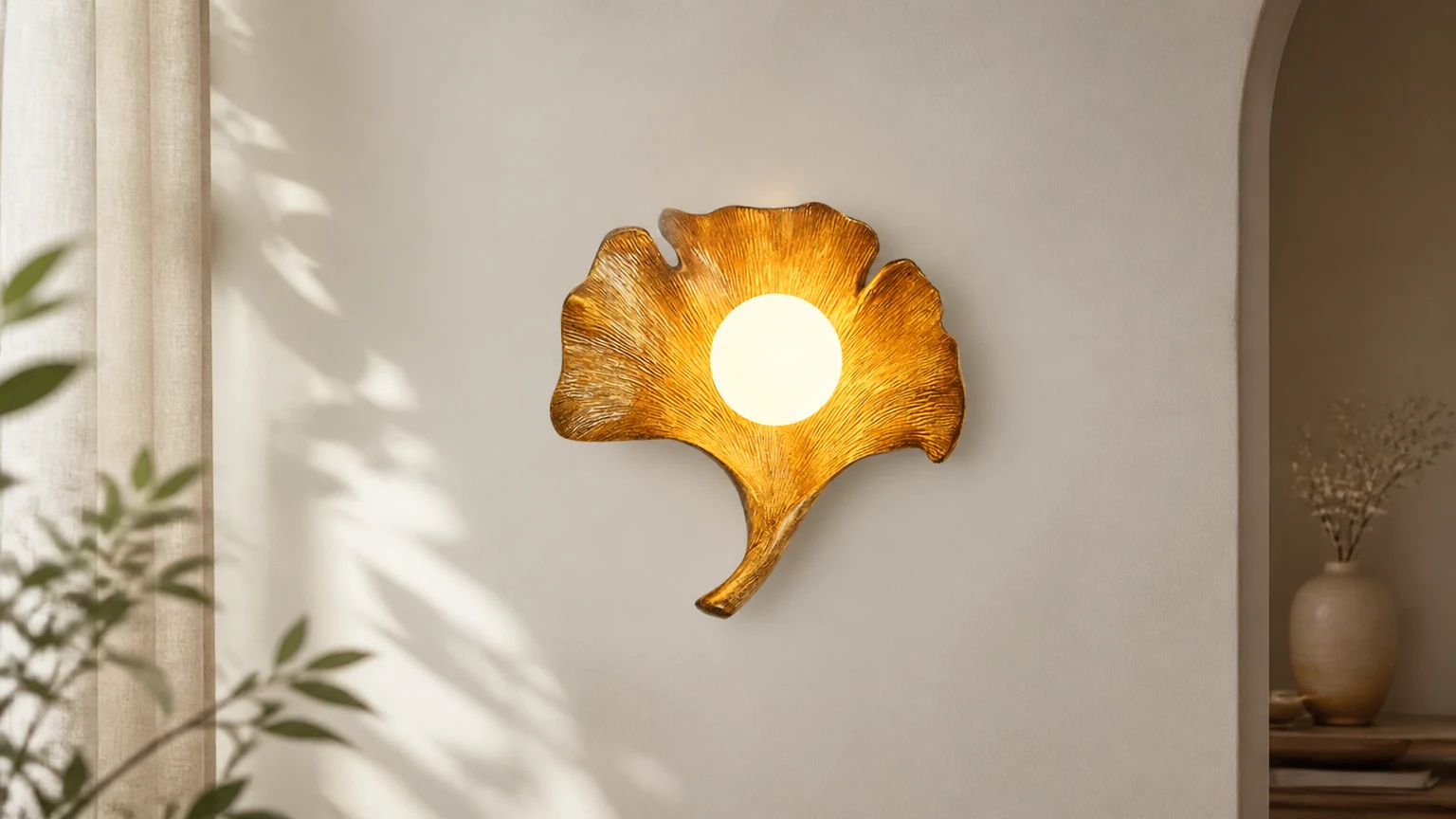 Vintage Ginkgo Leaf Resin Wall Lamp M259 shown in a warm interior scene