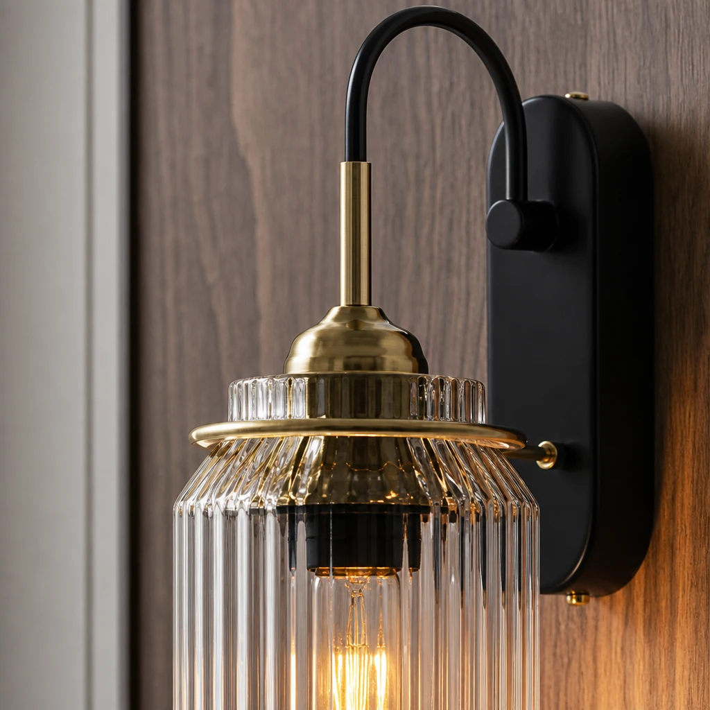 Close-up detail of the wavy glass and metal finish on the M128 wall lamp