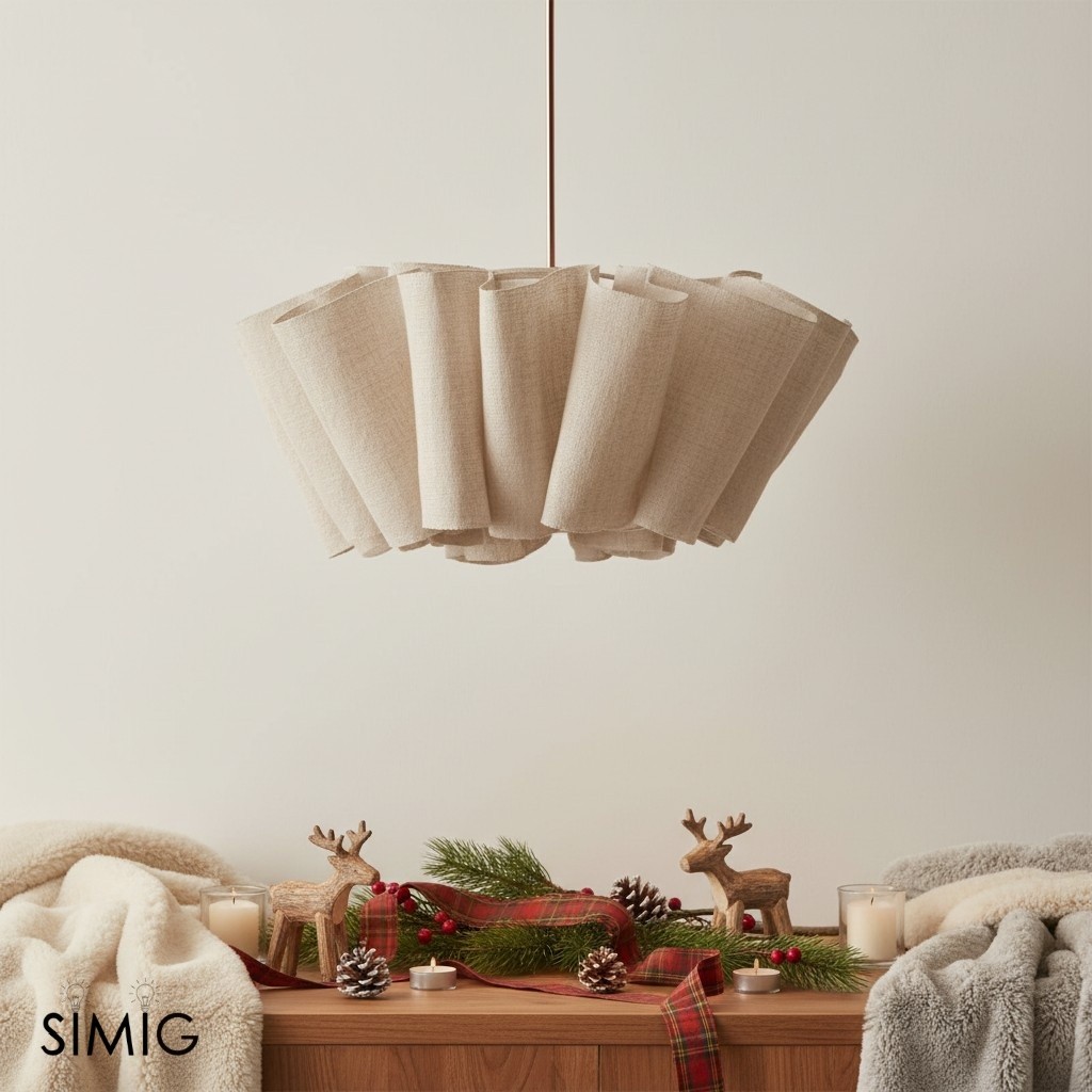 Lámpara colgante plisada sobre una mesa decorada.