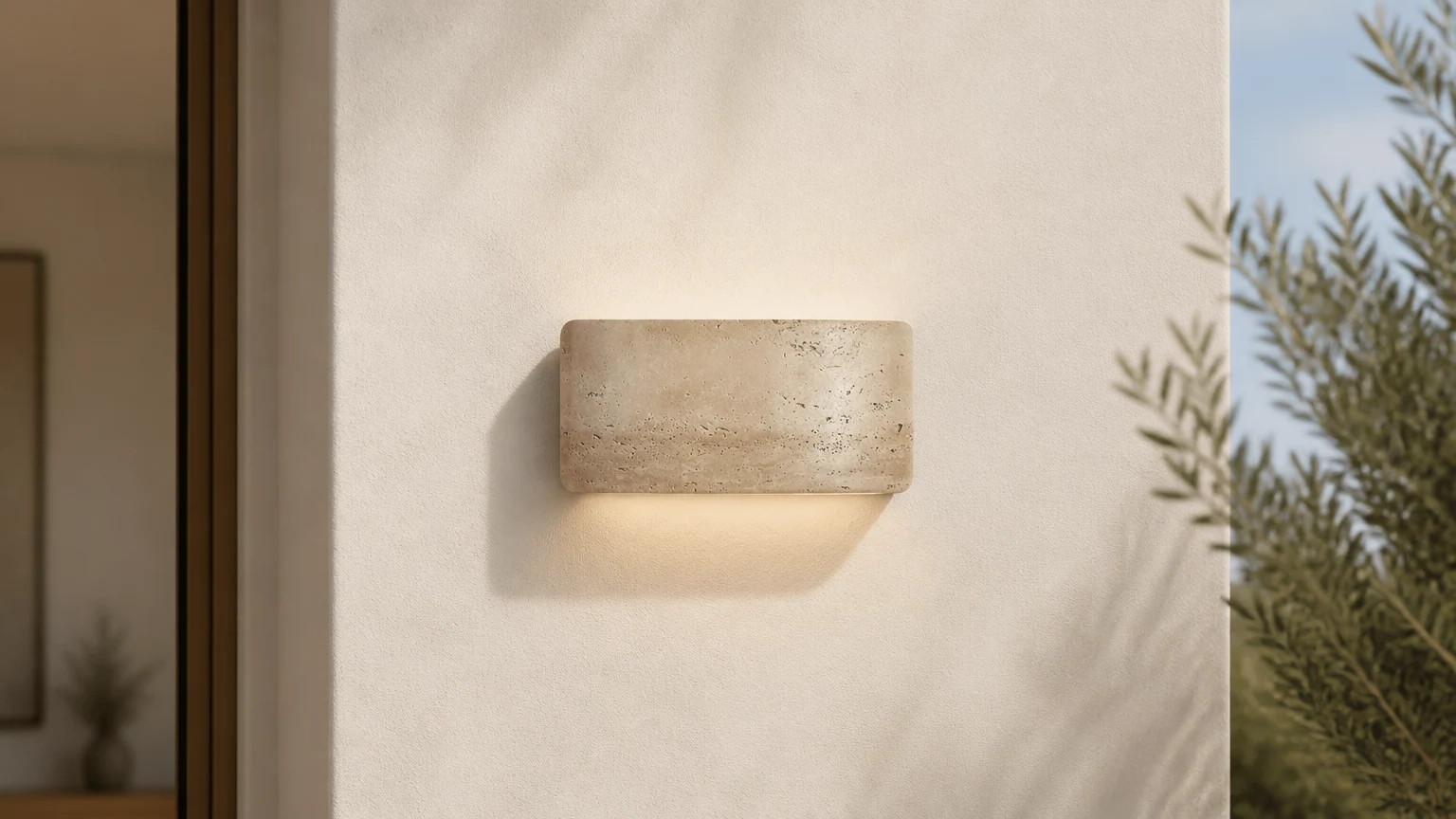 Modern Travertine IP65 Waterproof Outdoor Wall Light D882 installed as a warm wall light