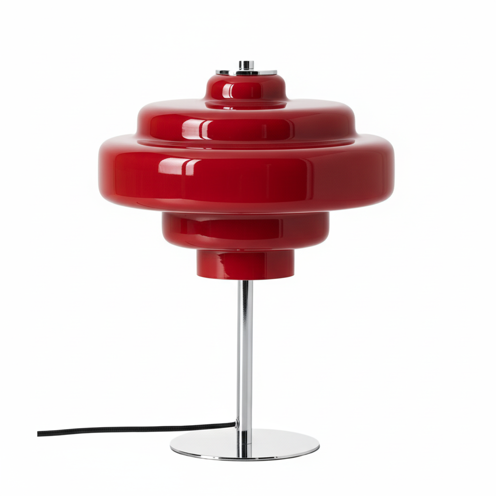 Red Koloro glass table lamp showing full tabletop scale