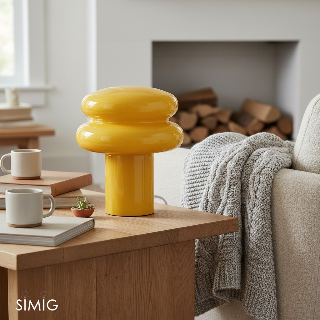 Żółta opalowa lampa stołowa Orra stojąca na stoliku kawowym w salonie