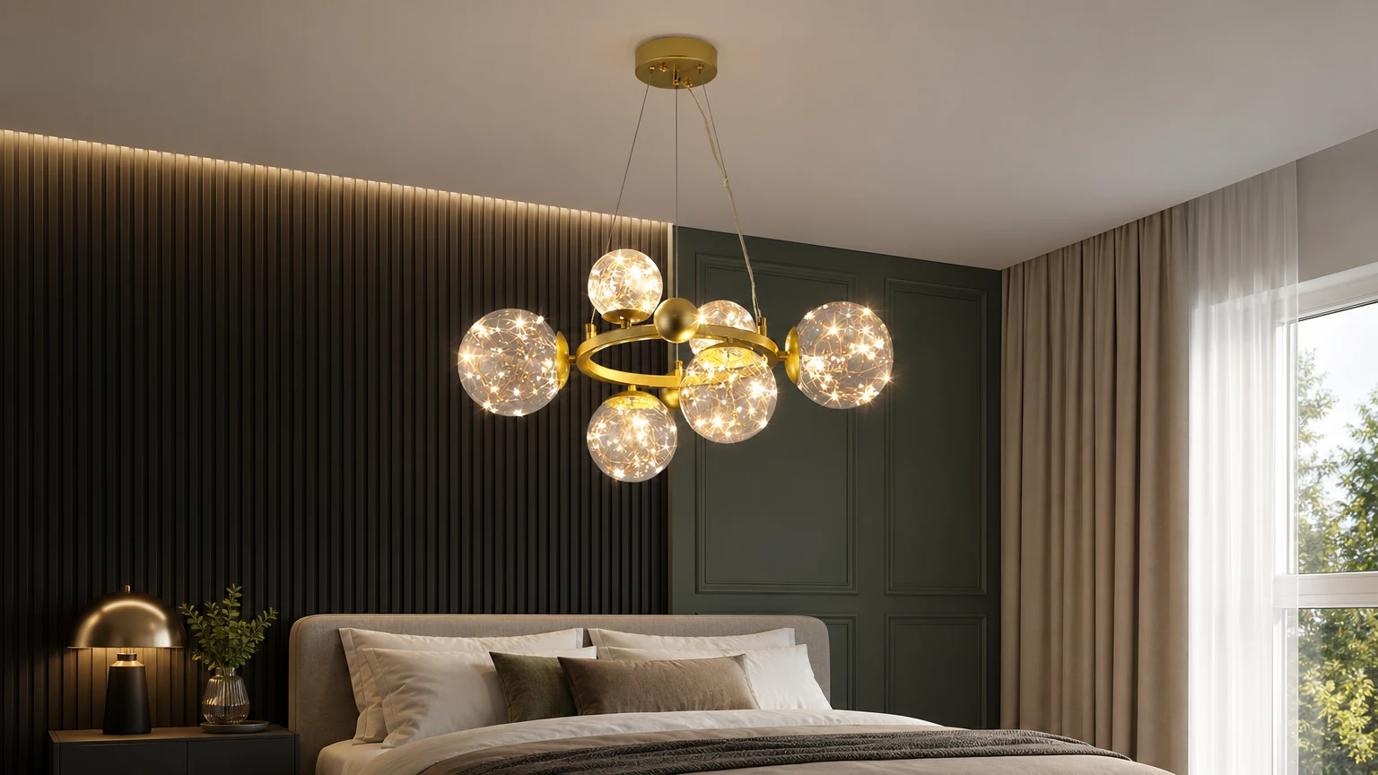 Starry Ball Chandelier installed in a warm interior room