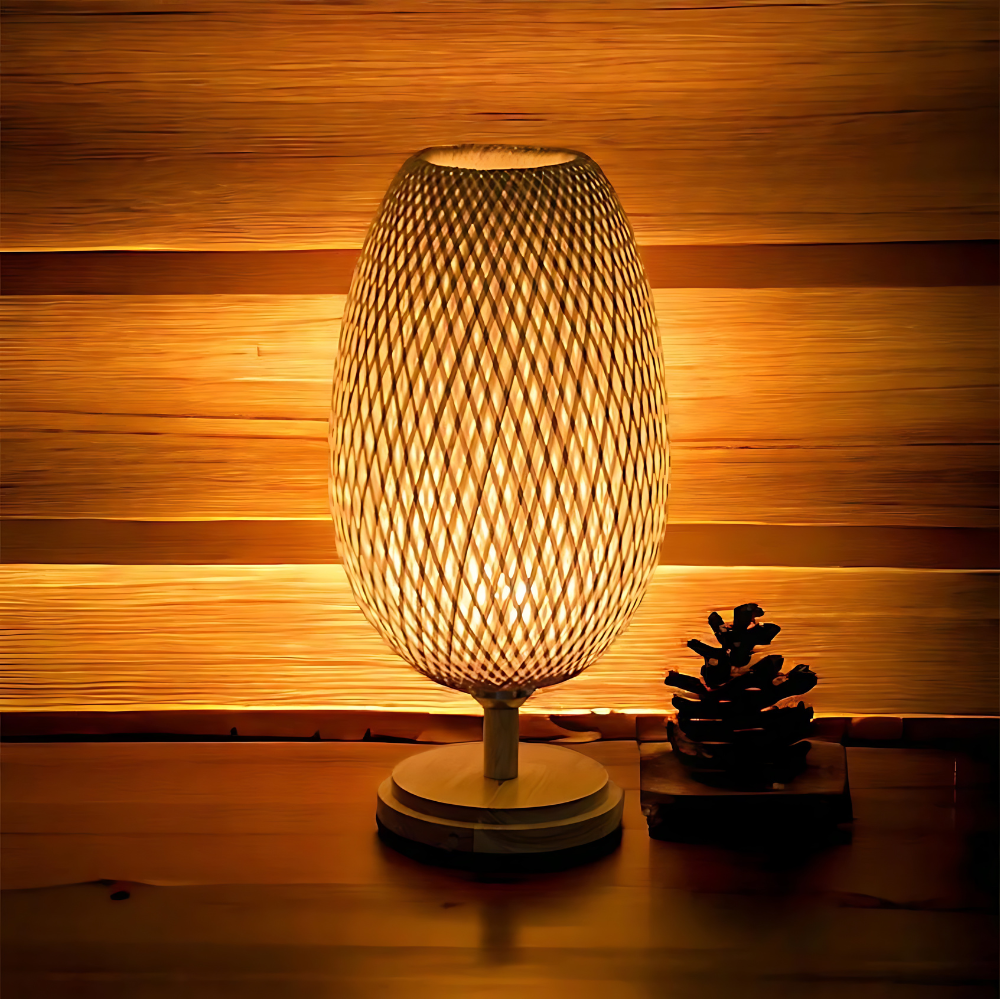 Lit bamboo lamp in a warm wood interior