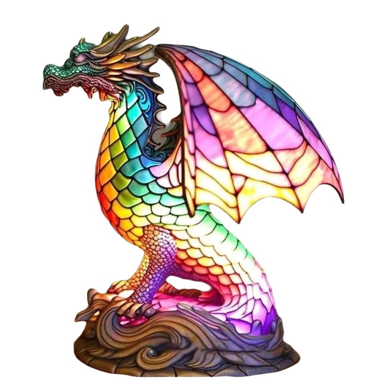Lampe de table en résine représentant un dragon volant magique (vue isolée)