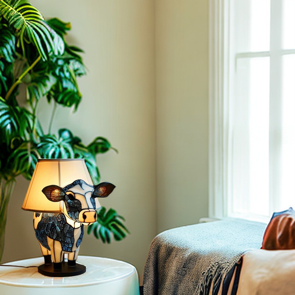 Lampe en résine en forme de vache sur une table d'appoint dans une pièce à vivre.