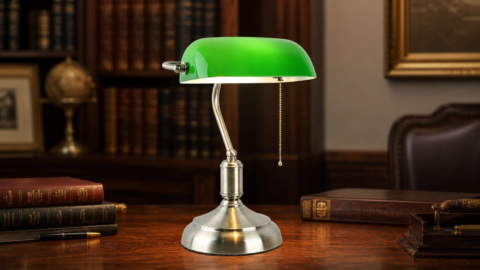 Vintage green glass banker desk lamp displayed in a study-style scene